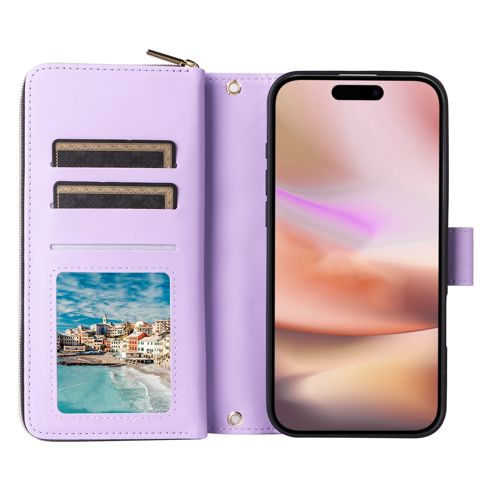 Allytechgroup Case for iPhone 16 with Credit Card Slot, Built-in Shoulder Strap Lanyard PU Leather Wallet Flip Stand Case Full Body Shockproof Protective for iPhone 16, Purple