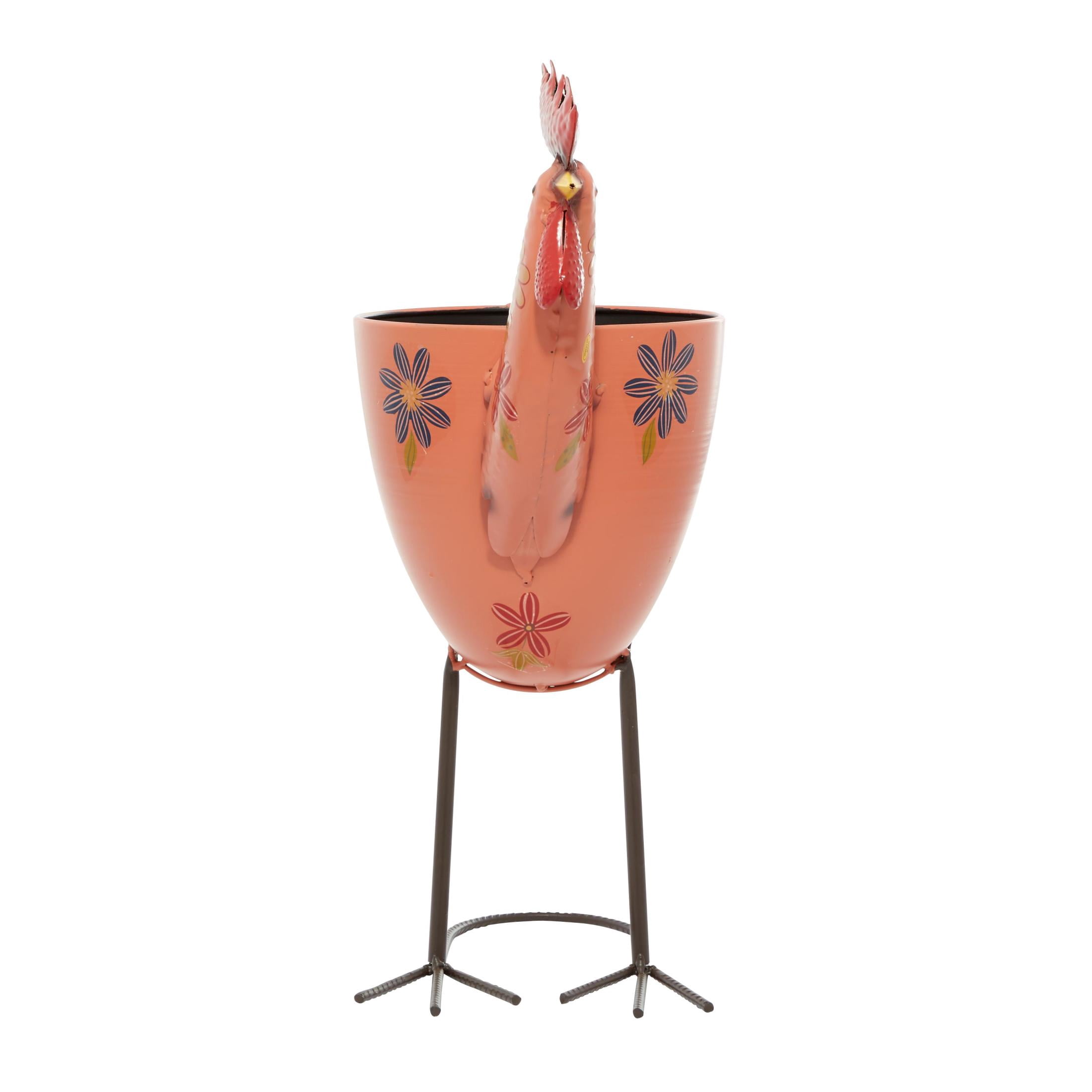 DecMode 19" x 20" Pink Metal Rooster Planter with Floral Pattern Planter