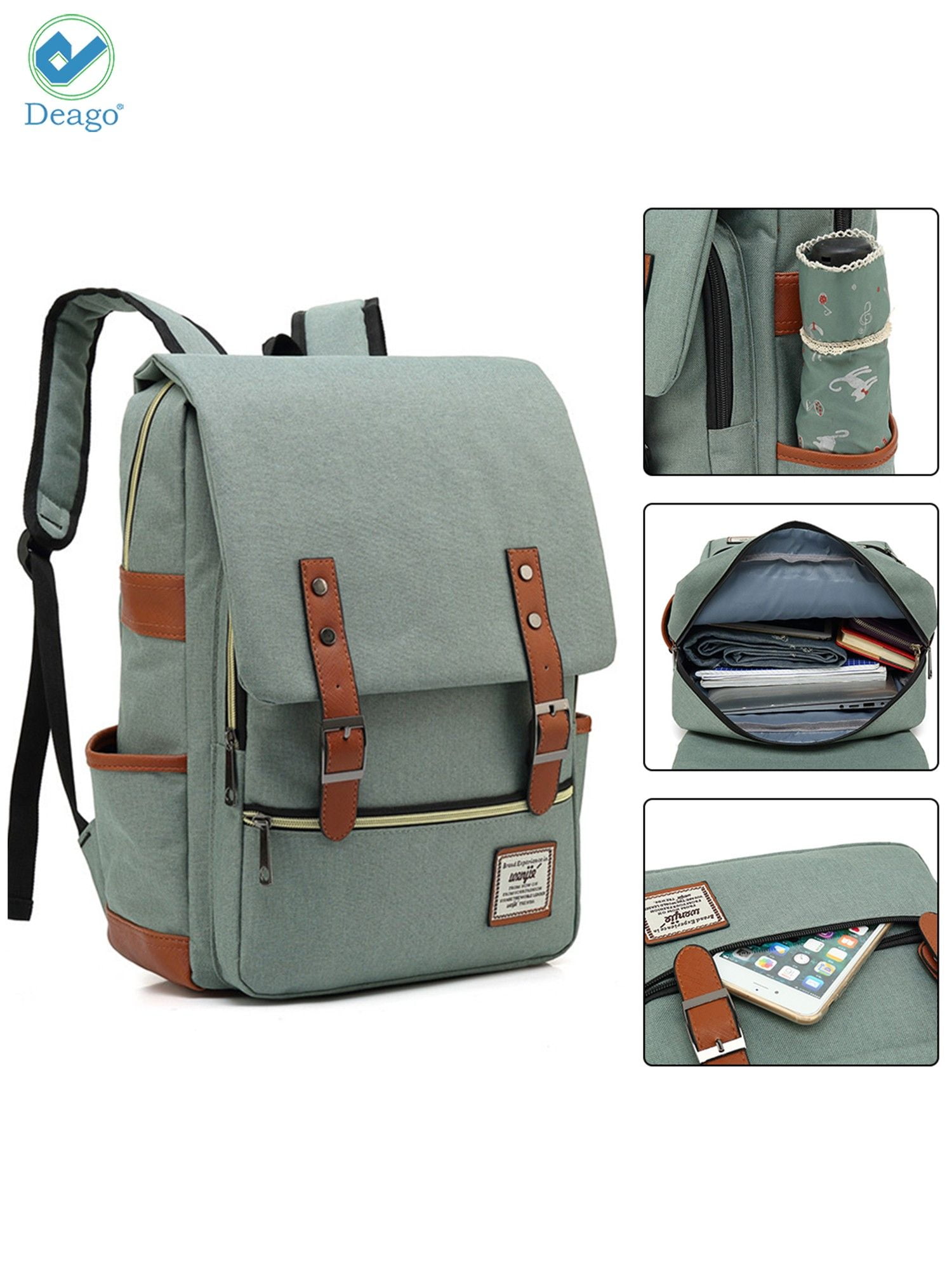 Deago Vintage Laptop Backpack For Women Men Travel Backpack with USB Charging Port Fashion Rucksack Fits 15.6" Notebook (Green)