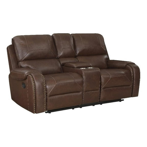 Pemberly Row Faux Leather Double Glider Manual Reclining Loveseat in Brown