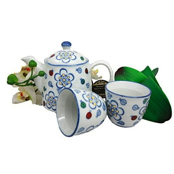 Colorful Ladybug & Flowers Pattern Glazed Ceramic 16oz Tea Pot & Cups Serves 2