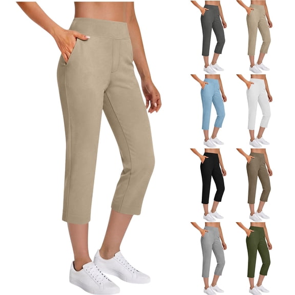 Women's Golf Pants Elastic High Waist Solid Color Capri Pant Stretchy Comfy Yoga Fitness Clothes With Pockets (XL, Beige)