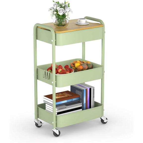 3 Tier Metal Utility Cart, Rolling Storage Cart with Wooden Tabletop, Metal Organizer Cart with Lockable Wheels for Office, Bedroom, Kitchen and Living Room (Green)