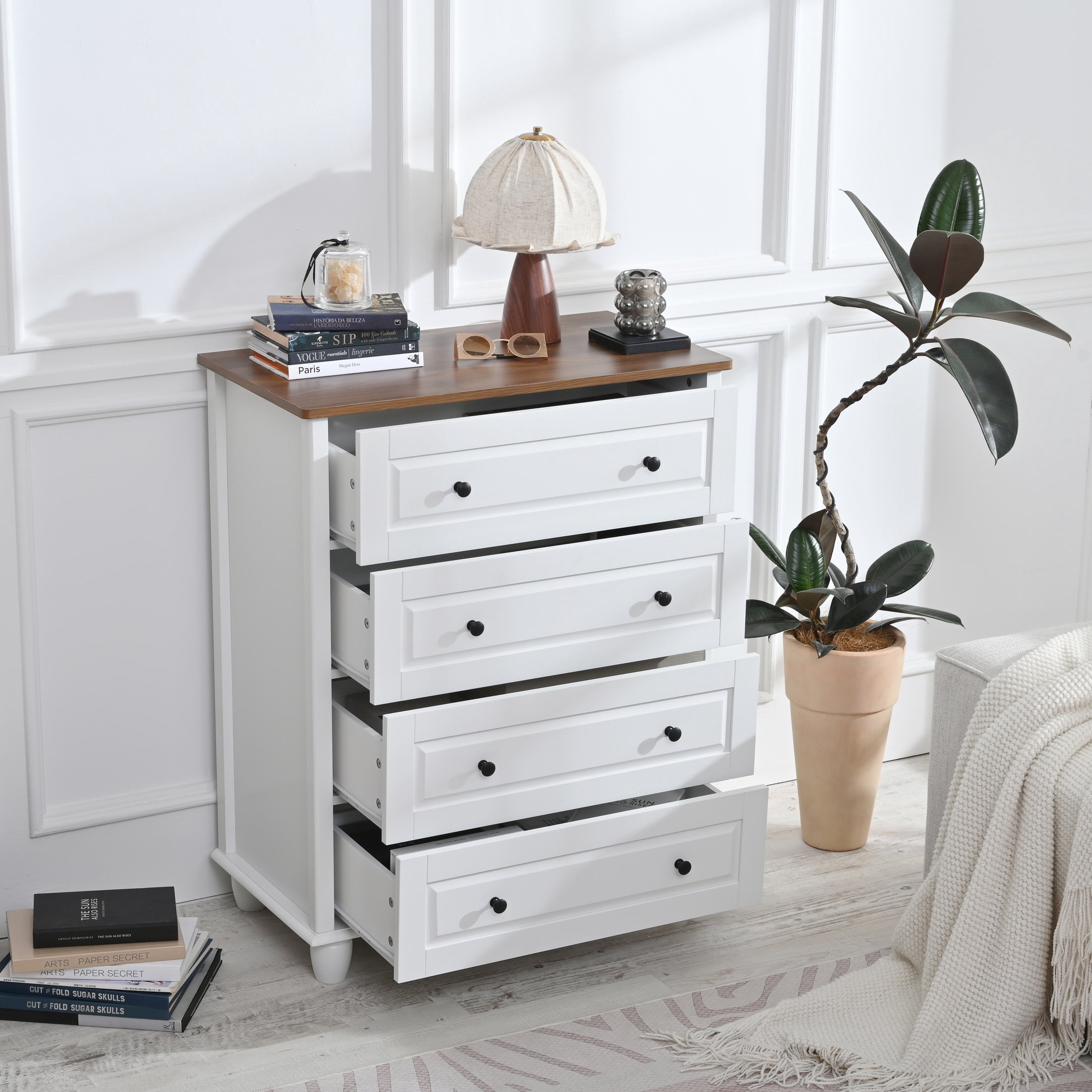 Noble House Modern Chest of Drawers, Pine Wood Frame 4-Drawer Tall Storage Dresser with Solid Wood Legs, White