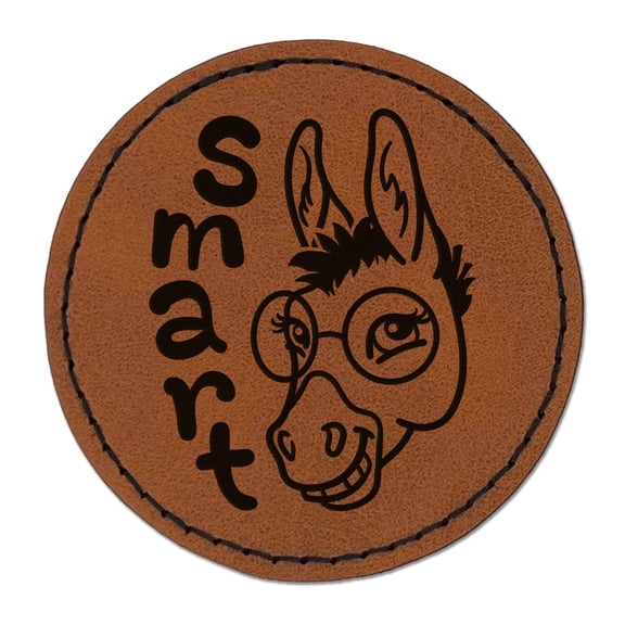 Smiling Smart Donkey with Glasses 2.5" Faux Leather Round Engraved Iron-On Patch - Brown