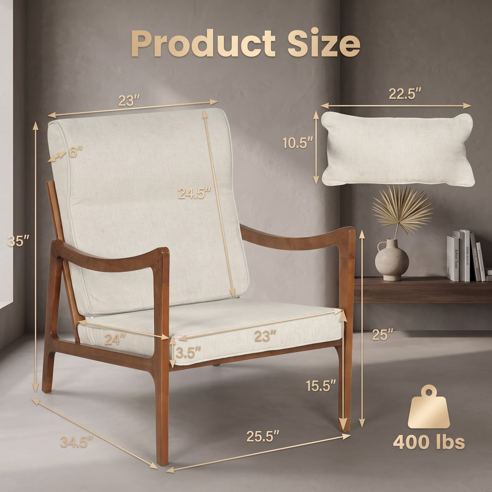 Furnibear Modern Accent Chair, Rubber Wood Faux Leather Upholstered Armchair with Removable Back Cushion, Lumbar Pillow & Padded Seat, Living Room Reading Side, White