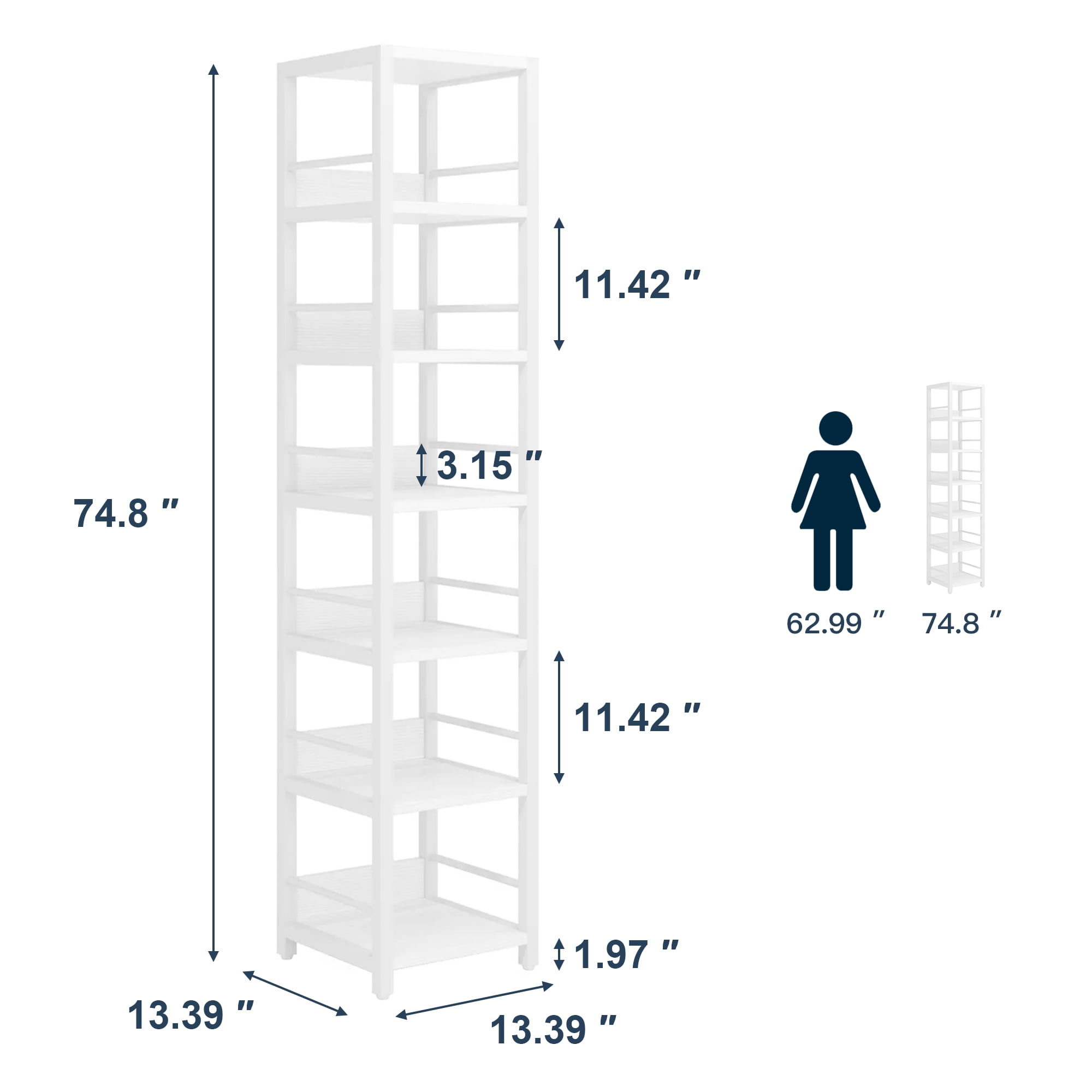 Demi Bonn 6-Tier Corner Shelf, 74" Narrow Etagere Bookshelf Storage Rack for Bedroom, Living Room, White