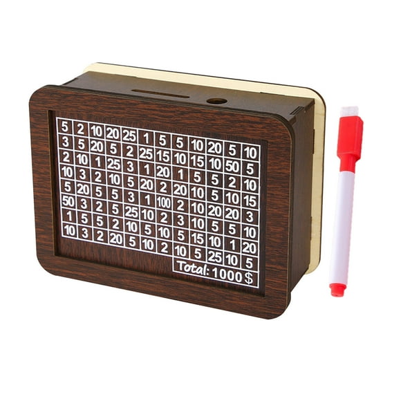 AHMT Creative Wooden Money Vault, Money Savings Challenge Box with Pen, Reusable Cash Savings Challenge Box with Numbers, Wooden Piggy Bank, Great Gift for Home or Office,(1000 Dollar)