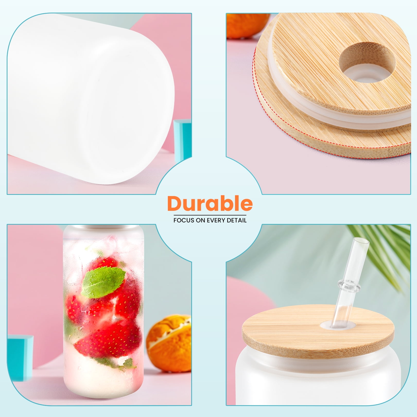 Adnoom 6 Pack Sublimation Tumblers, 20oz Sublimation Glass Blanks w/ Bamboo Lid, Frosted Glass Cup for Iced Coffee Juice Soda Drinks DIY Gifts
