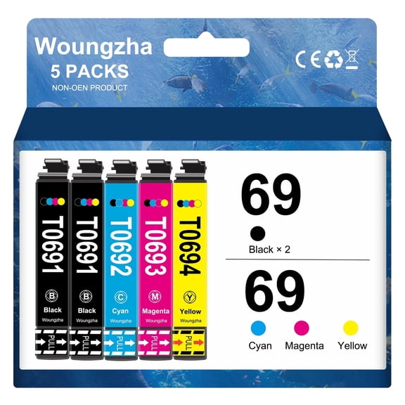 69 Ink Cartridge Replacement for Epson ink T0691 T0692 T0693 T0694 to use with for Stylus CX7400 CX5000 CX6000 (Black, Cyan, Magenta, Yellow, 5-Pack)