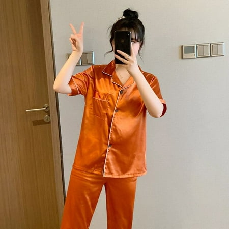 

QWZNDZGR Pajamas For Men Women Solid Color Silk Satin Pajamas Couple Set Short Sleeve Trousers Lovers Sleepwear Plus Size Pjs Home Suit