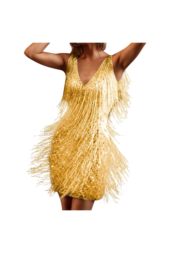 Sexy Dresses for Women Going Out Sequin Glitter Mini Dress 1920s Flapper Fringe Dress Vintage Dance Dress V Neck Sleeveless Costume Cocktail Party Dress Tassels Ballroom Tango Latin Dance Dress