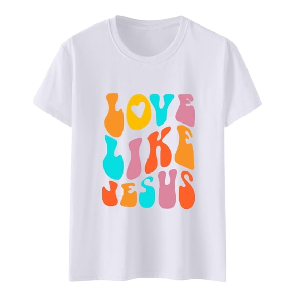 Women's Summer Fashion Leisure Art Solid Color Letter Print Round Neck Short Sleeve Top T Shirt 5