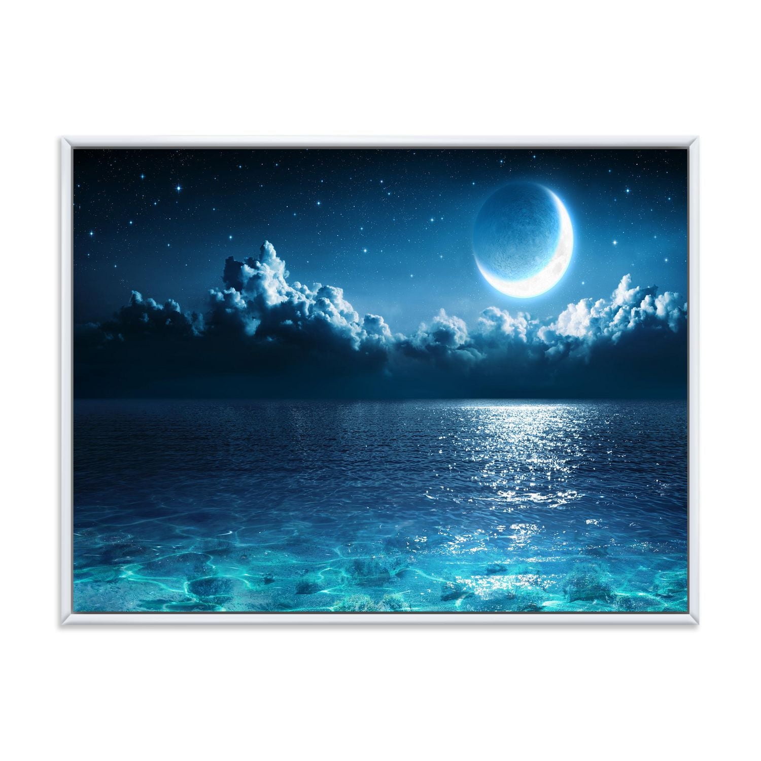 Designart Romantic Moon Over Deep Blue Sea I FLOAT FRAME WALL ART
