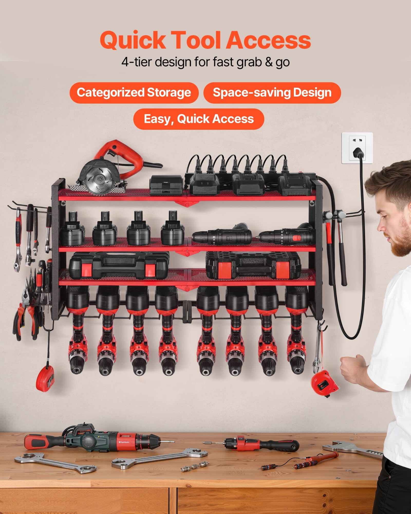 VEVOR Power Tool Organizer with Charging Station, 4-Layer Drill Storage Rack with 8 Drill Holders & Side Pegboard, Garage Tool Organizer Built in 8 Outlet Power Strips for Garage,Workbench,Workshop