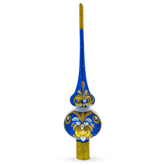 White Pearls with Golden Leaves on Blue Glass Christmas Tree Topper 11 Inches