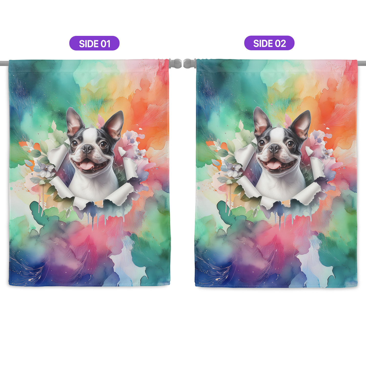 Funny Watercolor Adorable Boston Terrier Peeking Through Torn Paper Effect House Flag 28x40in Double Sided Gentleman Dog Lover Gifts Outdoor Decor - 00026