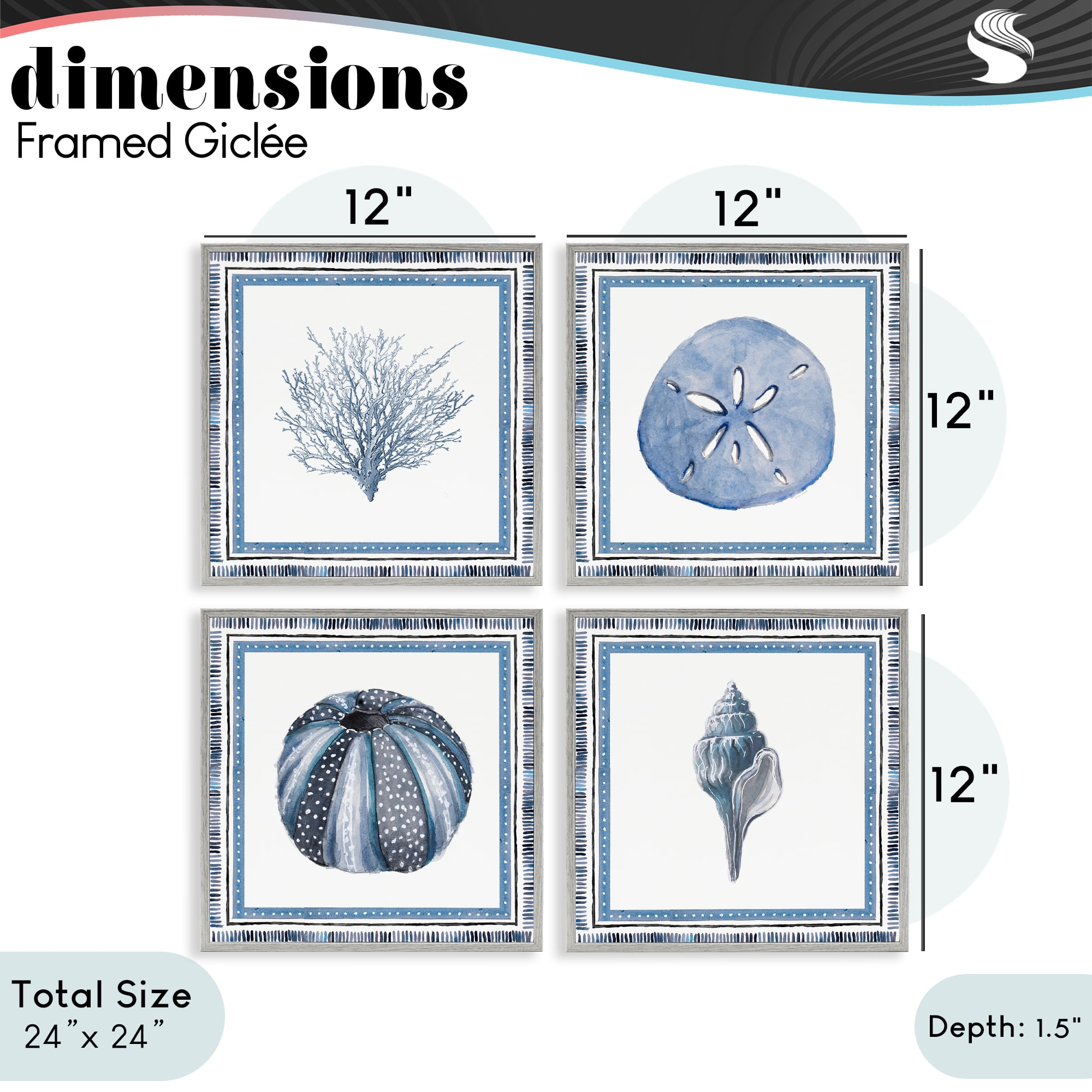 Stupell Industries Coastal Teal Bordered Coral 4 Piece Gray Framed Giclee Art Set, design by Lanie Loreth