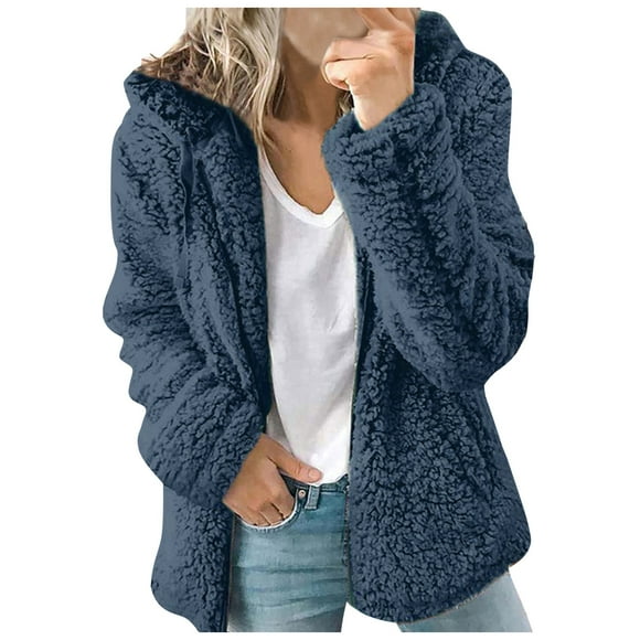 Sherpa Winter Coats for Women 2072 Trendy Solid Color Zipper Fuzzy Jacket Coat with Hood Fleece Outerwear Jackets