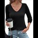 thumbnail image 3 of Camisas de Larga para Mujer, Cuello en V, Blusas Casuales de Otoño, Suéteres Holgados y Ligeros, Túnicas, Ropa de Moda. Negro M, 3 of 10