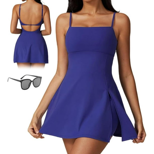 Vestido deportivo 2 en 1 con dobladillo dividido para mujer, vestidos con sujetador y pantalones cortos incorporados, vestido de tenis sin espalda con tirantes finos sin mangas