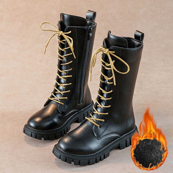 Boots For Girls Lace Up Riding Boots Mid Calf Combat Boots Goth Knee High Boots (Black 9.5-10 Years)