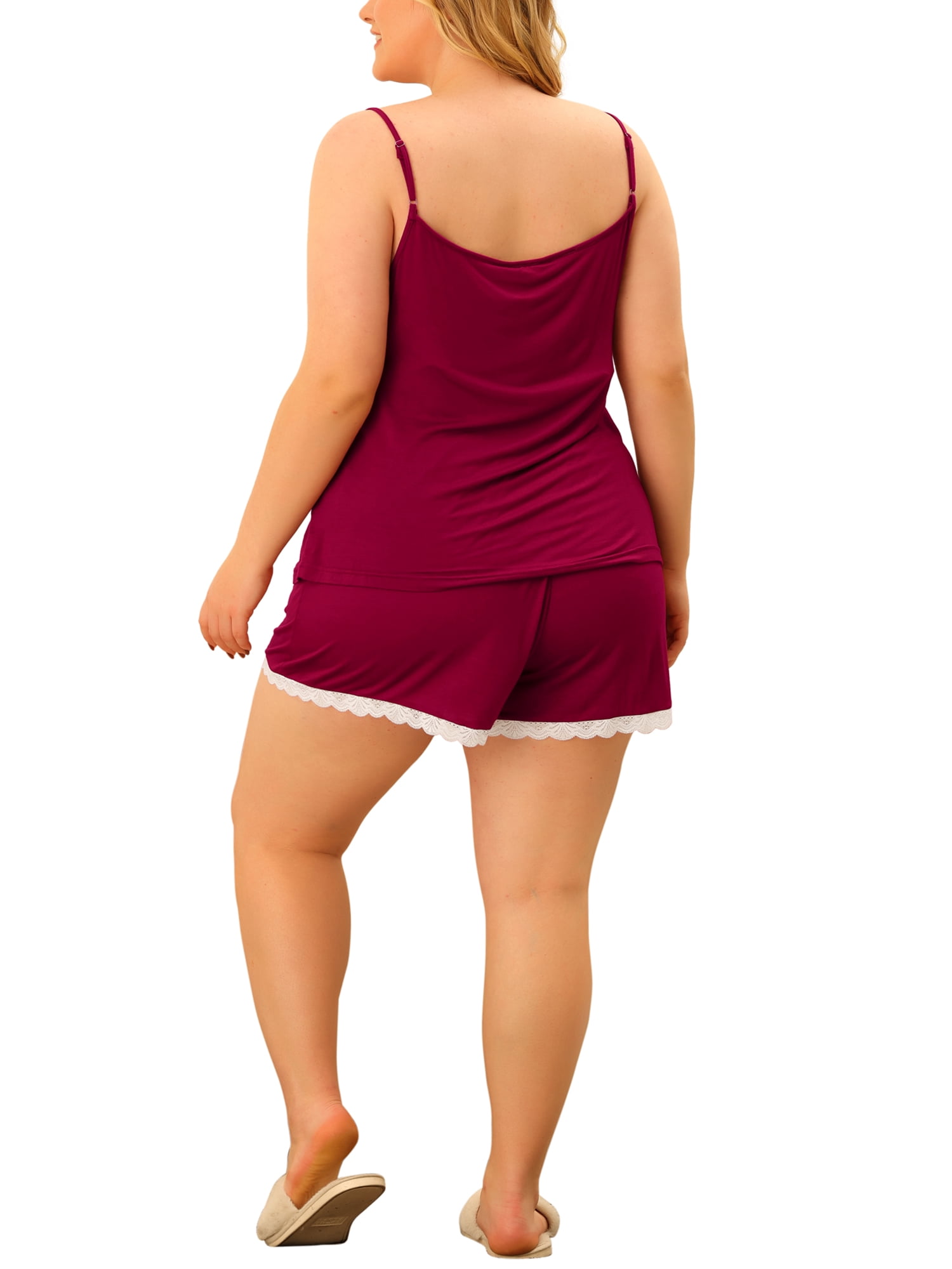 Unique Bargains Women's Plus Size Pajama Contrast Color Cami Lace Trim Sleepwear Sets