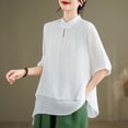 thumbnail image 2 of GigrtiJin Cotton Linen Shirt for Women Button Mandarin Collar Half Sleeve Tunic Top Trendy Solid Double Layer Blouse, 2 of 6