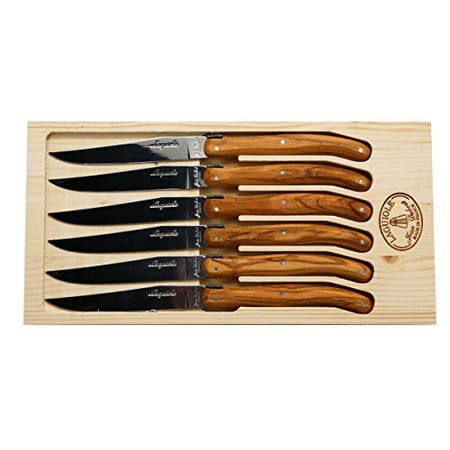 

Jean Dubost 6 Steak Knives with Rustic Range Olive Wood Handles in a Box MADE IN FRANCE
