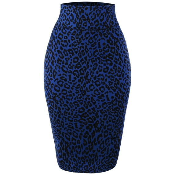 A2Y Women's Basic Solid Ponte Knee Length Slit Techno Span High Waist Pencil Skirt Leopard Royal L