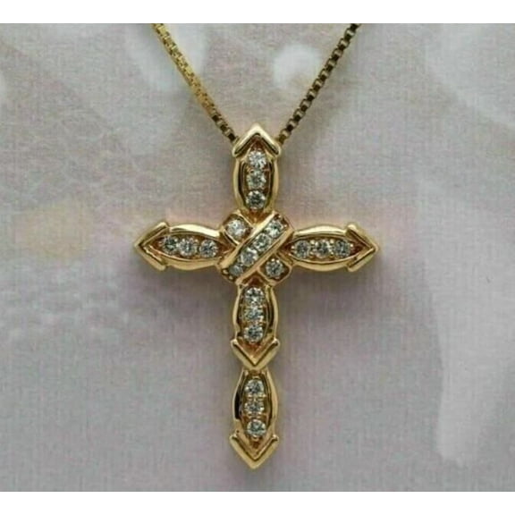 1.00CT Simulated Diamond Cross Pendant Necklace 18" 14K Yellow Gold Plated