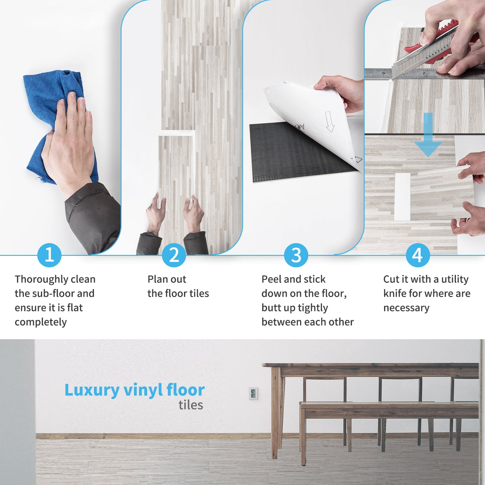 Art3d Peel and Stick Floor Tile Vinyl Wood Plank 36-Pack 54 Sq.Ft，Dusty Grey，Rigid Surface Hard Core Adhesive Flooring