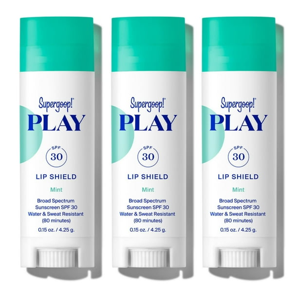 Bálsamo labial Supergoop! Protector labial PLAY SPF 30 con color menta, paquete de 3