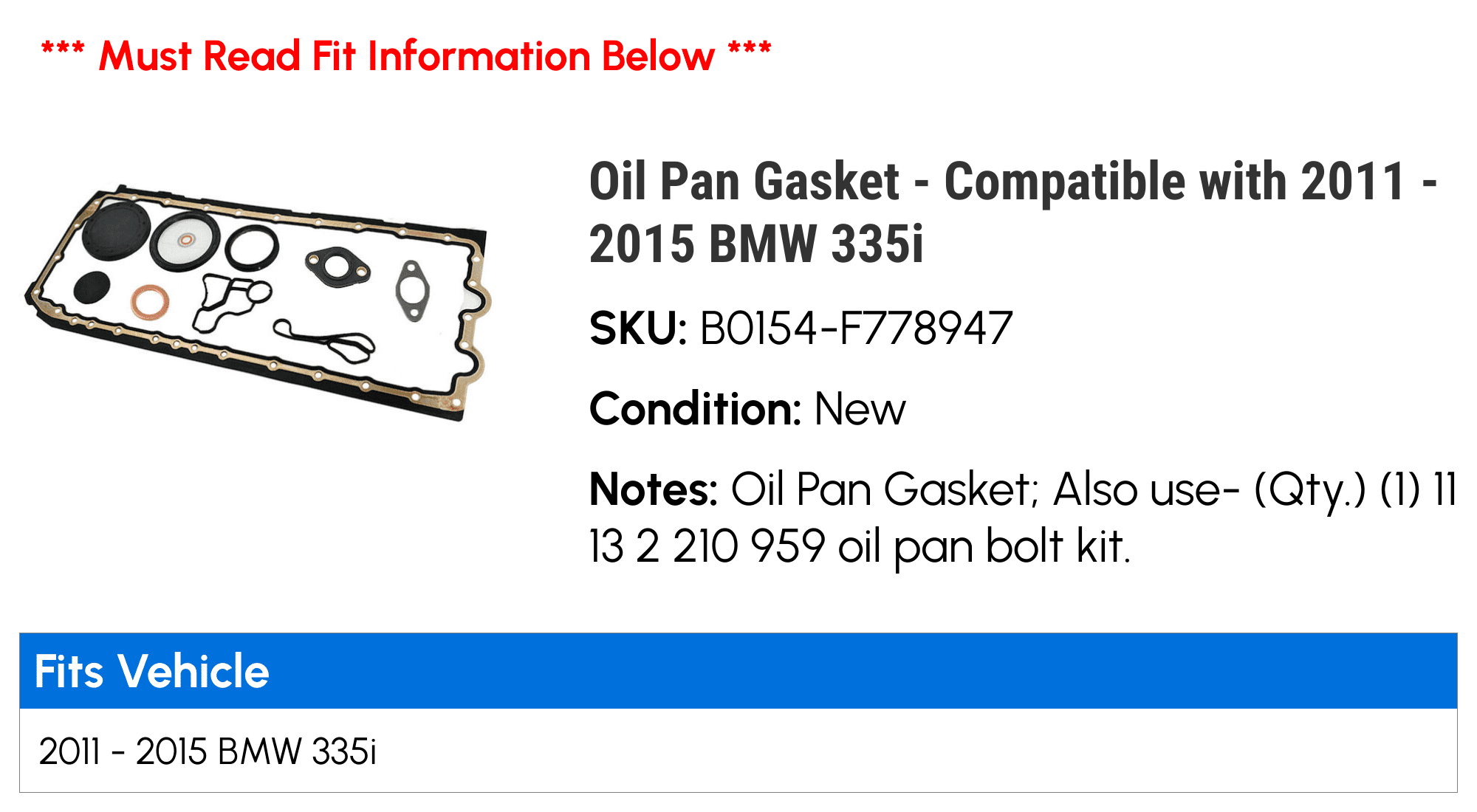 Oil Pan Gasket - Compatible with 2011 - 2015 BMW 335i 2012 2013 2014