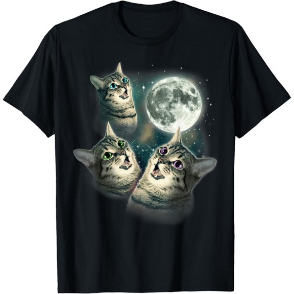 Retro Funny Three Cat Moon Graphic T-Shirt - Cute Howling Tabby Cats Galaxy Space Design - Unisex Adult Short Sleeve Tee