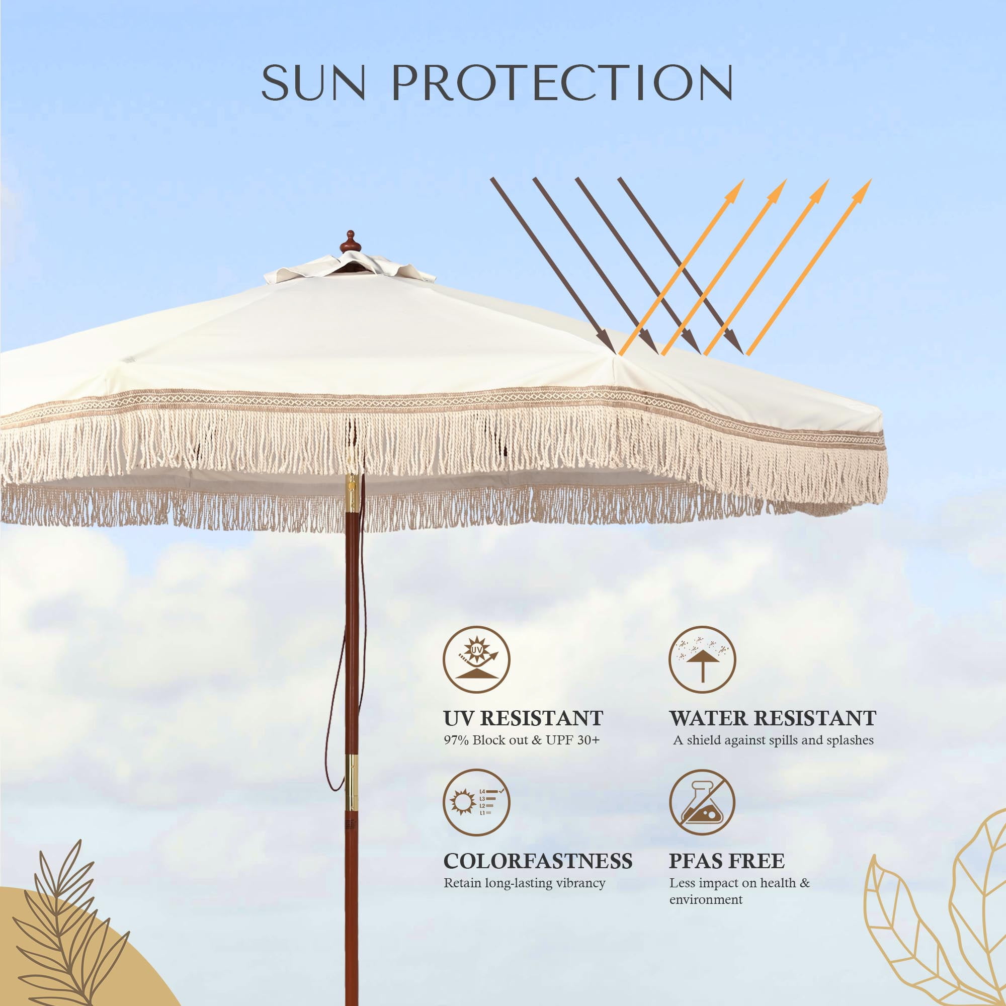 LAGarden BOHO 9' Fringe Patio Umbrella with Tassels UPF50+ Boho Style 5-Year-Non-Fading for Outdoor Yard Market Ivony Xchevron