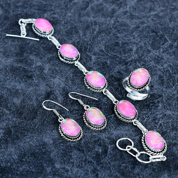 Pink Triplet Opal 925 Sterling Silver Gemstone Handmade Jewelry Set