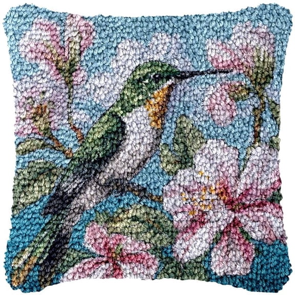 Hummingbird & Morning Glory Latch Hook Pillow Kits for DIY Handmade Throw Pillow Cross Stitch Latch Hooking Pillowcase Rug Kits with Preprinted Color Pattern Canvas Crochet Yarn 17''X 17''(d102)