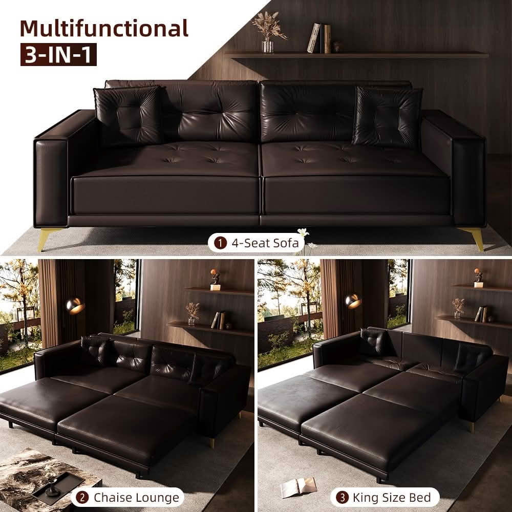 MAYEERTY 92.1" King Size Pull‑Out Sofa Bed, 3‑in‑1 Faux Leather Convertible Sleeper Sofa, Tufted 4‑Seater Couch with Wide Armrests, 2 Pillows Included