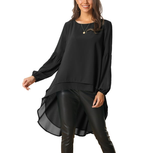Blusas asimétricas de chiffon de manga larga con cuello redondo para mujer, estilo casual y elegante, color negro