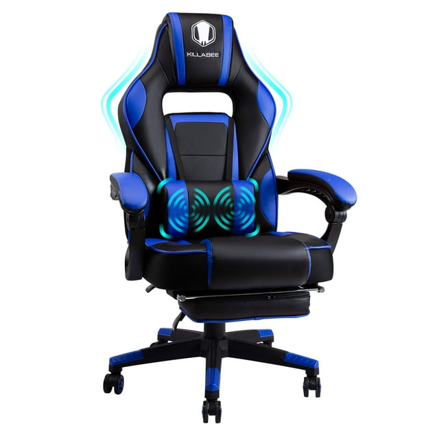 Massage Gaming Chair High Back PU Leather PC Racing Computer Desk Office Swivel Recliner with Retractable Footrest and Adjustable Lumbar Support, Black