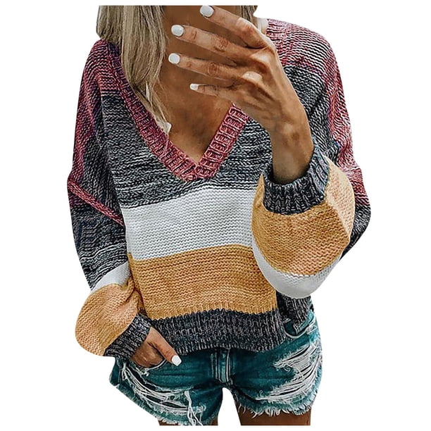 Moda mujer manga larga Pachwork rayas cuello en V suéter Casual Tops blusa Pompotops gfhjh5613
