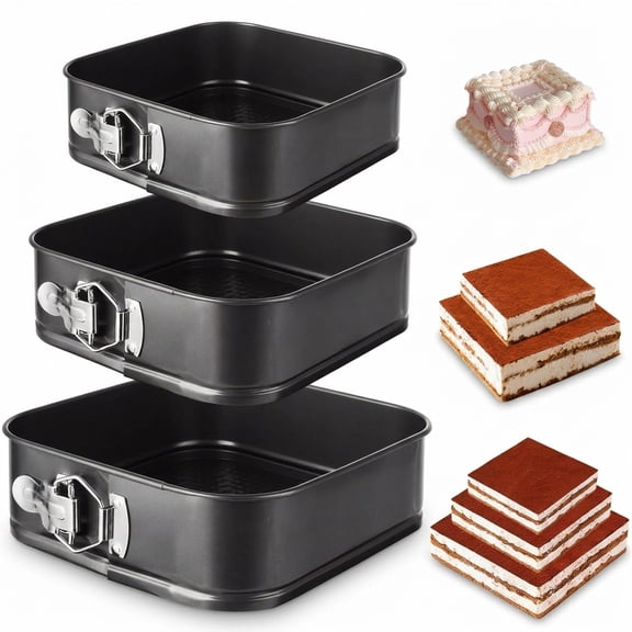 Square Nonstick Springform Cake Pan Set of 3, 8/9/10 Inch Sizes