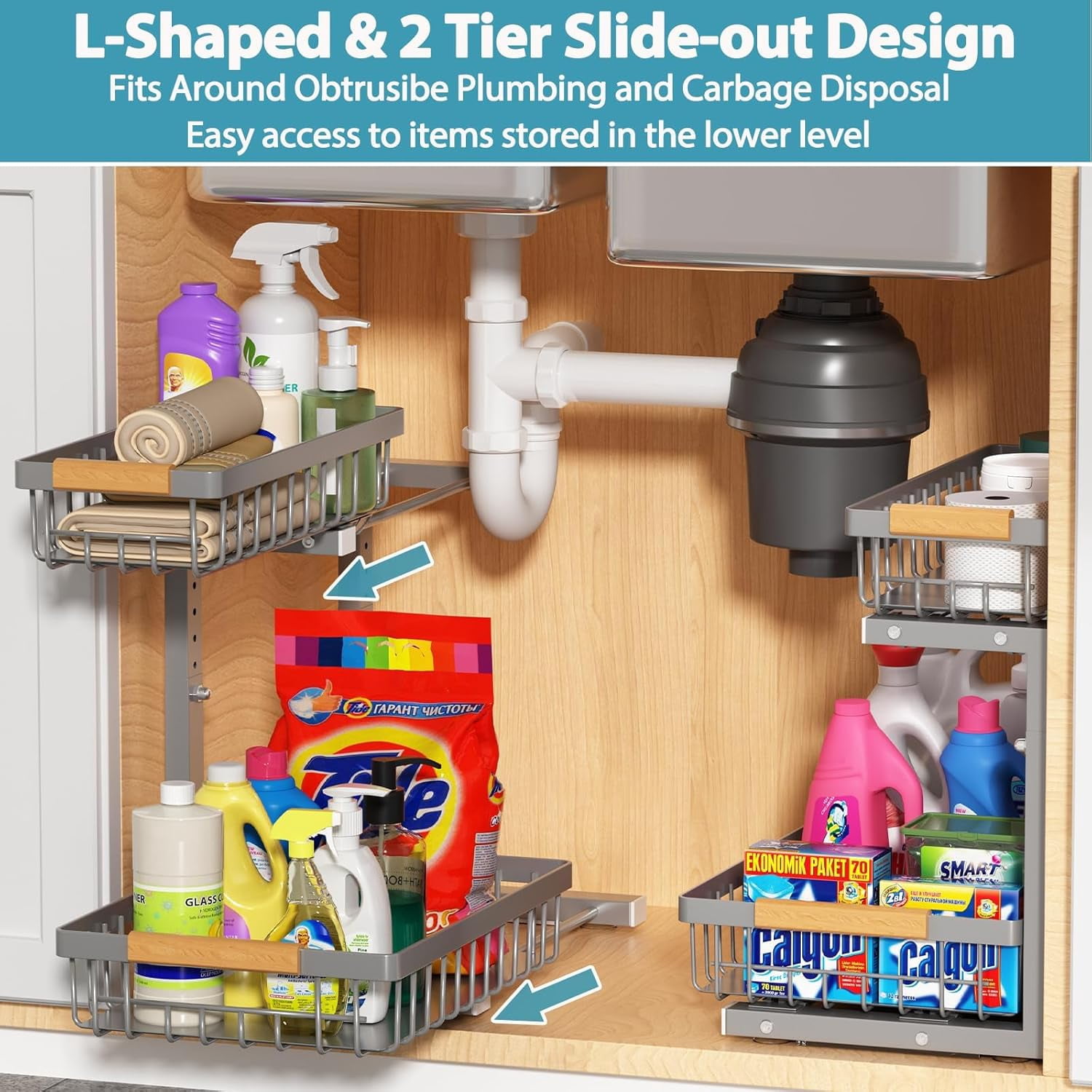 Under Sink Organizer Storage 2 Pack, 2 Tier Slide Out Height Adjustable Pull Out Cabinet Organizer Drawer for Kitchen Bathroom Large Under Sink Shelf Rack Caddy Grey