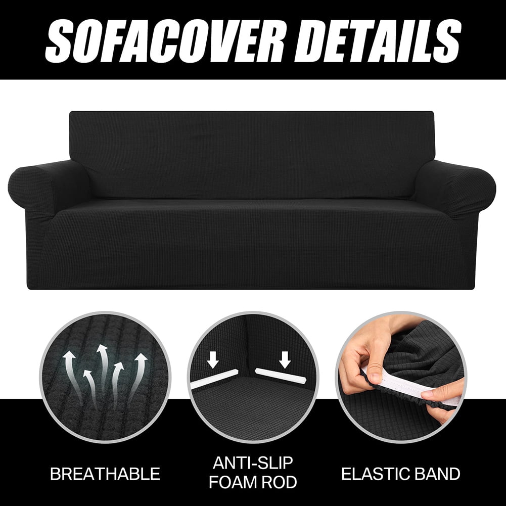 Stretch Sofa Slipcover 1-Piece Sofa Cover Furniture Protector Couch Soft with Elastic Bottom for Kids, Polyester Spandex Jacquard Fabric Small Checks with 1 Pillowcase(4 Seater, Black)