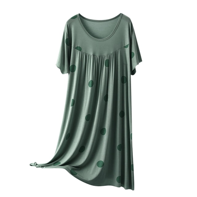 Cameland Chemise de Nuit pour Femme à Manches Courtes, Col Rond, Imprimée, Robe de Sommeil Ample, Chemise de Nuit Douce et Confortable, Robe de Pyjama, Vêtement de Nuit, Robes de Détente. l'Image Montre une Chemise de Nuit Légère à Manches Courtes dans une Teinte Verte avec une Encolure Ronde et une Coupe Ample. le Tissu Présente un Motif à Pois, Offrant un style Décontracté et Confortable Convenant pour Se Détendre Ou Dormir. Fabriquée en Matériau Doux et Respirant, Elle Est Idéale pour une Utilisation Toute l'Année. la Robe s'Affiche sur un Fond Blanc Uni.