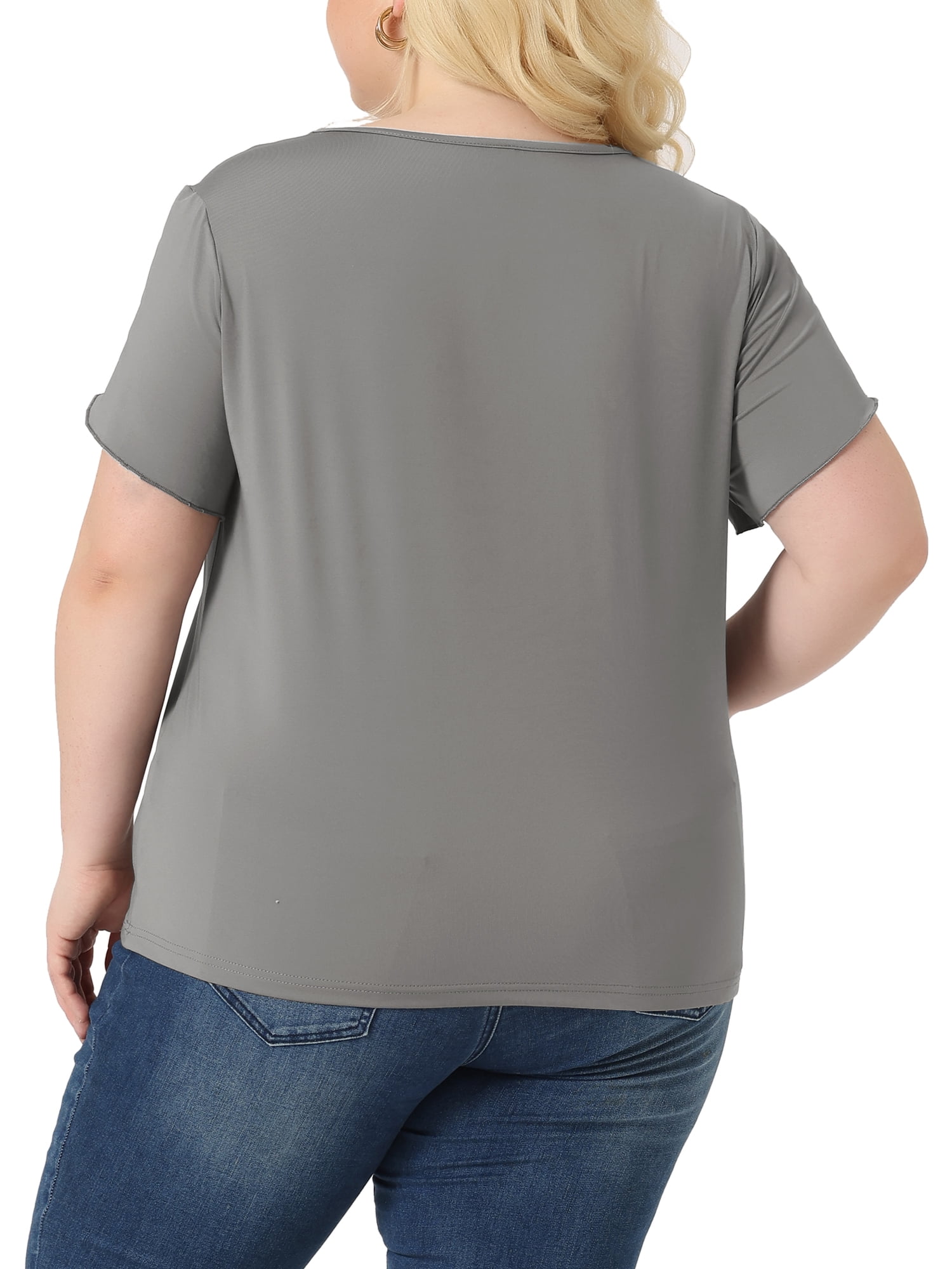 Unique Bargains Women Plus Size Casual Lace V Neck Short Sleeve Tunics Blouses Grey 4X