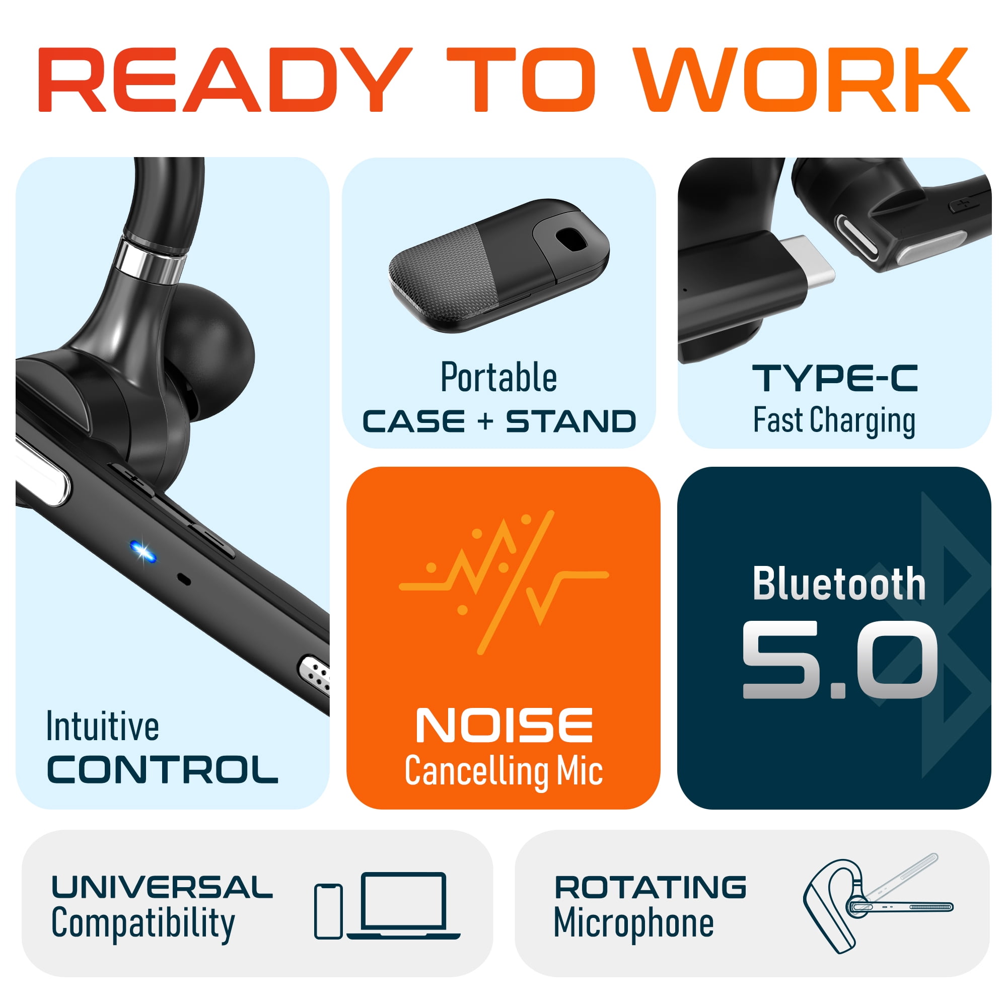 Ultralight Bluetooth Headset with Noise Cancelling Microphone, Bluetooth Earpiece with Carrying Case, Wireless Headset for PC/Laptop, Compatible with MS Teams, Zoom, Google Meet, and More - Black