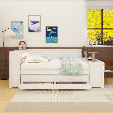 Full Size Daybed with Storage Shelves,Drawers,Trundle,Charging Station,LED Light,Desk and Cabinet,White