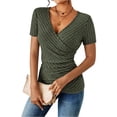 thumbnail image 3 of Laqbezok Women's Ribbed Knit Shirt, V Neck Short Sleeve Fitted Tops, Side Button Wrap Slim Fit Casual Summer Textured Blouse, Army Green, Size L, 3 of 8